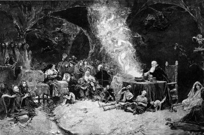 Scena del sabato, un mago presiede la cerimonia evocando creature in un calderone magico. Streghe assistono alla scena. Da un disegno di Jose Benlliure y Gil (1855-1937) da Jose Benlliure y Gil