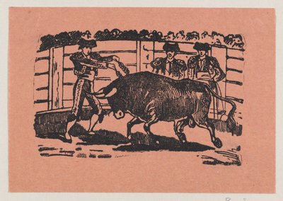Ein Torero platziert Banderillas in die Schultern des Stiers, während zwei Männer hinter dem Stier stehen da José Guadalupe Posada