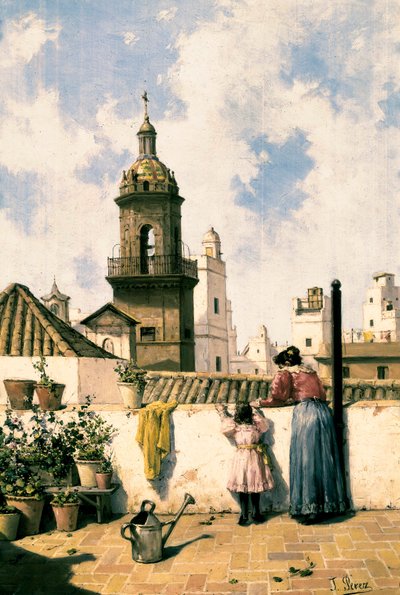 Terrazza sul tetto a Cadice. Una madre e una figlia probabilmente annaffiano le piante con l