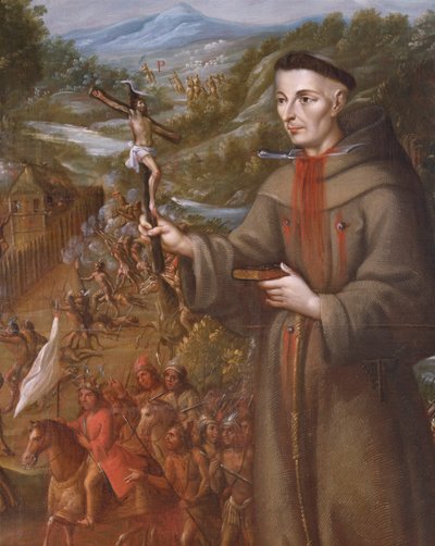 Distruzione della missione di San Saba in Texas da parte degli indiani e martirio del frate francescano Jose de Sanriesban (dettaglio) da Jose de or Joseph Paez