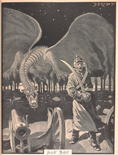 Disegno per la poesia "Come la notte". Un drago prodotto dal fumo delle fabbriche, dietro un soldato tedesco. Una scena surreale da Josef Benedikt engl