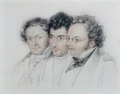 Da sinistra a destra, amici dei compositori Johann Baptist Jenger, Anselm Huttenbrenner e Franz Schubert da Josef Eduard Teltscher