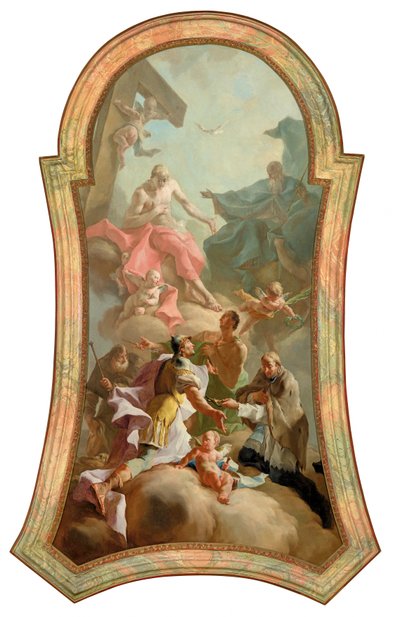 La Santissima Trinità con i santi Rocco, Floriano, Sebastiano e Giovanni Nepomuceno da Josef Ignaz Mildorfer