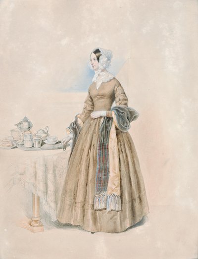 Ritratto della principessa Leopoldine Karoline Palffy, nata contessa Kaunitz-Rietberg (moglie del terzo principe Anton Karl Palffy), in piedi a un tavolo da tè apparecchiato da Josef Kriehuber