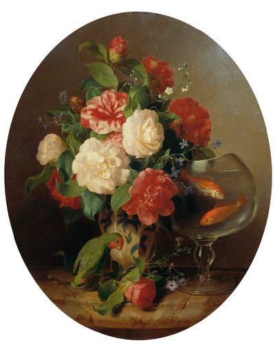 Composizione floreale con vaso di pesci rossi da Josef Lauer