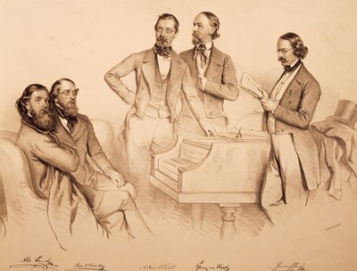 Ritratto di gruppo di musicisti viennesi e compositori: Franz von Suppé, Carl Binder, Anton Storch, Heinrich Proch e Anton Emil Titl da Josef Nikolaus Kriehuber