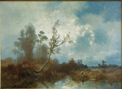 Giornata autunnale nella brughiera di Dachau con cacciatori e cani da Josef Wenglein