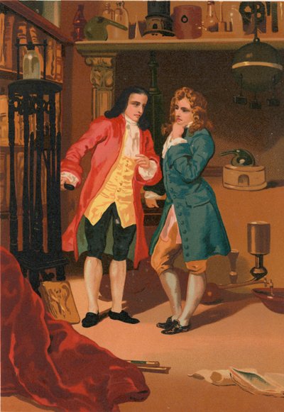 Robert Boyle e Denis Papin ispezionano il digeritore a vapore di Papin da Josep or Jose Planella Coromina