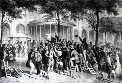 Lettura delle sentenze pubblicate sul giornale Moniteur nei giardini del Palazzo Reale a Parigi, 26 luglio da Joseph Louis Hippolyte Bellange