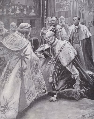 Re Edoardo VII che presta giuramento alla sua incoronazione, Abbazia di Westminster, Londra da Joseph (after) Finnemore