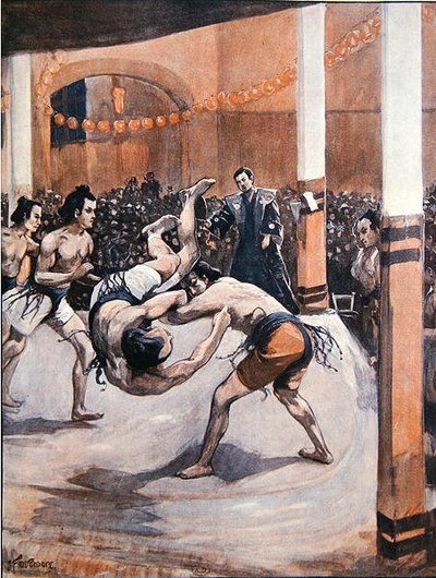 Lotta tradizionale giapponese: lottatori di sumo che mostrano la loro arte all