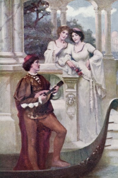 Giovane che suona musica a due damigelle (litografia a colori) da Joseph (after) Finnemore