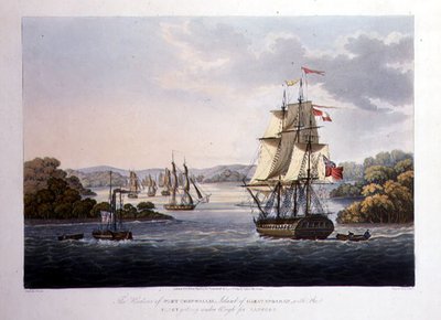 Il Porto di Port Cornwallis. Isola di Great Andaman, con la flotta che si prepara a partire per Rangoon, inciso da G. Hunt, pub. da Kingsbury & Co., Londra da Joseph (after) Moore