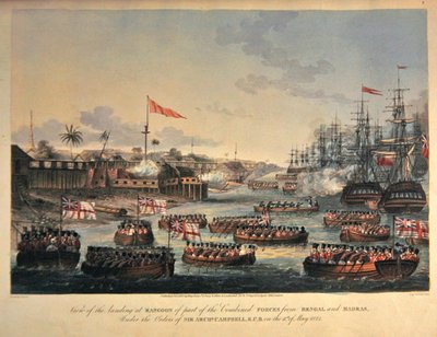 Veduta dello sbarco a Rangoon di parte delle forze combinate del Bengala e di Madras, sotto gli ordini di Sir Archibald Campbell, l
