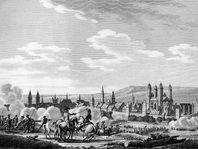 Rivoluzione francese e Movimento Anti-Rivoluzionario Prussiano: Cattura della città di Spira (Speyer) in ottobre 1792, Germania. Incisione di Berthaut dopo Swebach. Parigi, Biblioteca dell