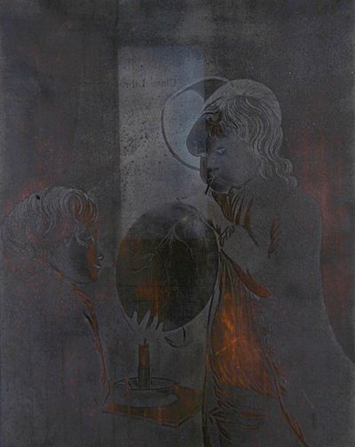 Piatto per Due ragazzi che soffiano una vescica alla luce delle candele, acquaforte di Peter Perez Burdett da Joseph (after) Wright of Derby
