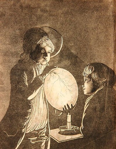 Due ragazzi che soffiano una vescica alla luce delle candele, acquaforte di Peter Perez Burdett da Joseph (after) Wright of Derby
