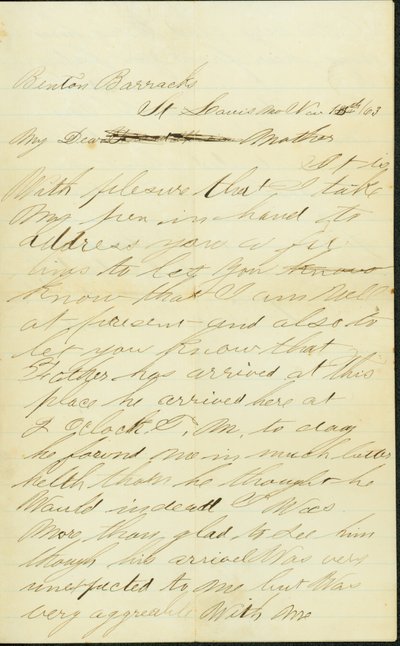 Lettera firmata Joseph A. Fardell, Benton Barracks, St. Louis, Mo., alla Madre, 12 novembre 1863 da Joseph A. Fardell