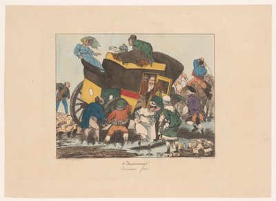 Omnibus con passeggeri bloccato nel fango (Ongemakken) da Joseph Ambroise Jobard