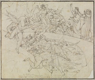 Al lago di pece dei barattieri, il consigliere di Lucca (Inferno di Dante, Canto 21, verso 34) da Joseph Anton Koch