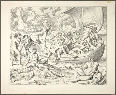 La corteccia di Caronte con le anime che attraversano lo Stige, tavola due da Darstellungen aus Dante