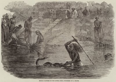 Bagnanti indù nel fiume Jumna sorpresi da un serpente da Joseph Austin Benwell