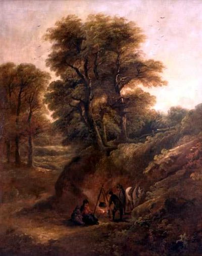 Paesaggio boscoso con zingari attorno a un fuoco da Joseph Barker