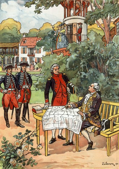 Il re francese Luigi XVI e il navigatore Jean Francois de Galaup, conte di Laperouse (1741-1788) nel 1785, illustrazione di JL Beuzon 1933 da Joseph Beuzon