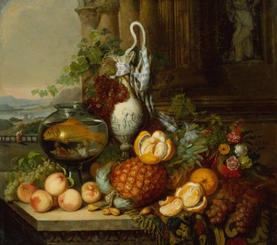 Natura morta con frutta, boccia per pesci e paesaggio da Joseph Biays Ord