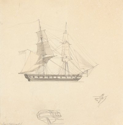 Brigantino Singolo; Schizzi di Poppa e Timone Separati da Joseph Cartwright