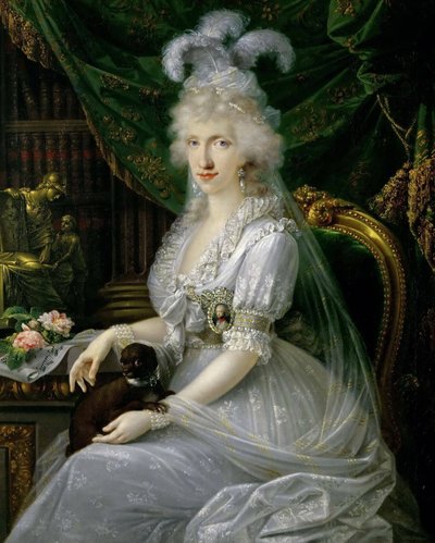 Tedesco: Maria Luisa (Ludovica) di Napoli-Sicilia (1773-1802), moglie di Ferdinando III di Toscana, seduta a tavola, ritratto al ginocchio di Luisa Maria Amelia Teresa di Napoli e Sicilia, Principessa di Napoli e Sicilia (1773-1802), Granduchessa consorte  da Joseph Dorffmeister