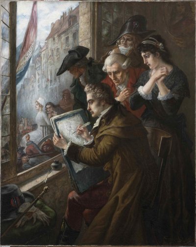 Jacques-Louis David che disegna Maria Antonietta condotta alla sua esecuzione, 1793, 1900 da Joseph Emanuel Van Den Bussche