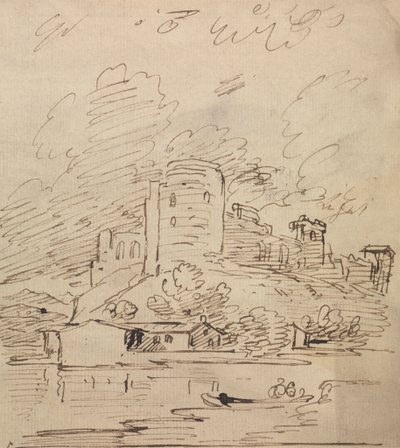 Castello con una torre rotonda sopra un fiume da Joseph Farington