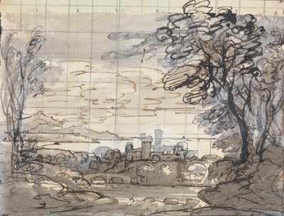 Fiume con castello e ponte da Joseph Farington