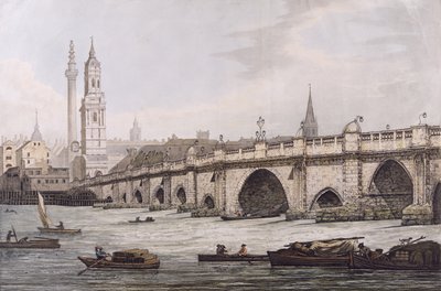 Veduta del London Bridge, inclusa la Chiesa di St. Magus e il Monumento, inciso da J.C. Stadler da Joseph Farington