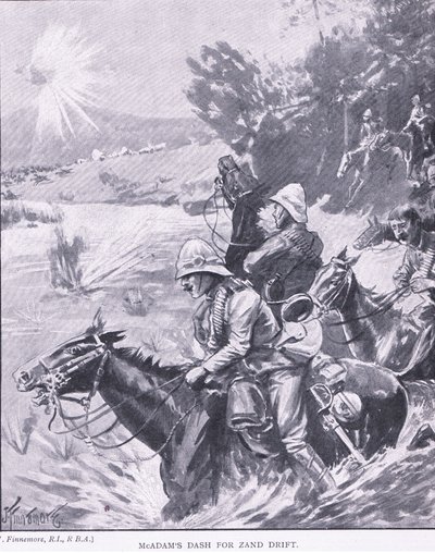 La corsa di McAdams per Zand Drift, da Dopo Pretoria: La guerra di guerriglia pubblicata da Harmsworth Bros Limited, 1901 da Joseph Finnemore