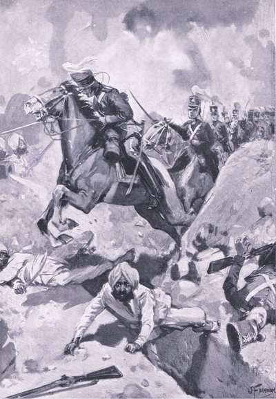 Sobraon: Sir Joseph Thackwell guida i 3º Dragoni Leggeri in fila indiana attraverso alcune opere di terra Sikh, illustrazione da British Battles on Land and Sea, 1915 da Joseph Finnemore