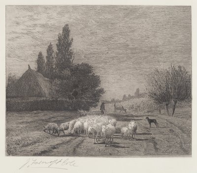 Strada del villaggio in Francia con un gregge di pecore da Joseph Foxcroft Cole