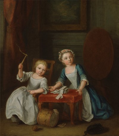 Due bambini della famiglia Nollekens, probabilmente Jacobus e Maria Sophia, giocano con una trottola e carte, 1745 da Joseph Francis Nollekens