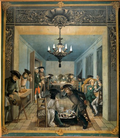 Fabbrica di tessuti indiani dei fratelli Wetter: laboratorio di preparazione delle tavole e dei colori. Dipinto di Joseph Gabriel Rossetti (XVIII secolo). 1764 Orange, museo municipale da Joseph Gabriel Rossetti