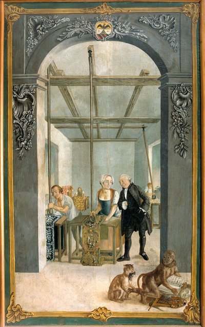 Fabbrica di tessuti indiani dei fratelli Wetter: lavoratori che passano attraverso la griglia delle tele stampate. Dipinto di Joseph Gabriel Rossetti (XVIII secolo). 1764 Orange, Museo Municipale da Joseph Gabriel Rossetti