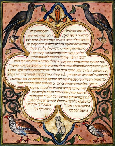 Pagina da una Bibbia ebraica con uccelli, 1299 da Joseph Ha Zarefati