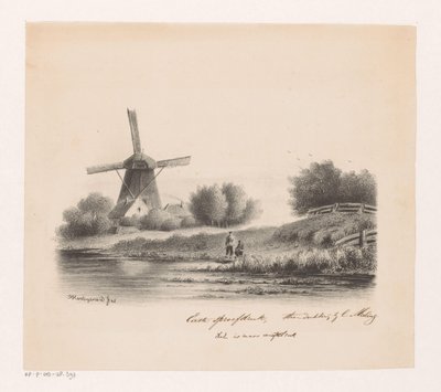 Paesaggio con mulino e due pescatori da Joseph Hartogensis