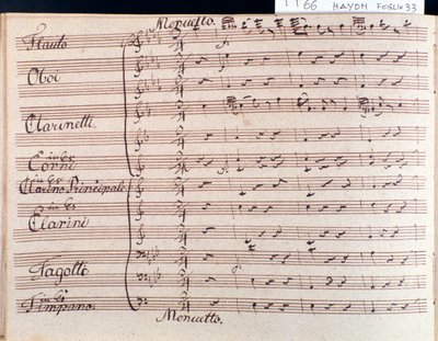 Prima pagina della partitura musicale del minuetto nella Sinfonia 66 in Si bemolle maggiore di J Haydn da Joseph Haydn