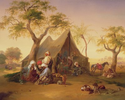 Sheikh che bevono caffè davanti a una tenda, 1842 da Joseph Heicke