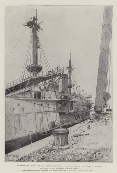 La costruzione di una nave da battaglia, HMS Ocean, Twin-Screw, 1a classe, 12.950 tonnellate, nel cantiere navale di Plymouth da Joseph Holland Tringham