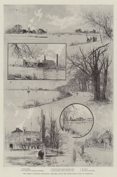 La prossima gara di canottaggio universitaria, schizzi lungo il percorso da Putney a Mortlake da Joseph Holland Tringham