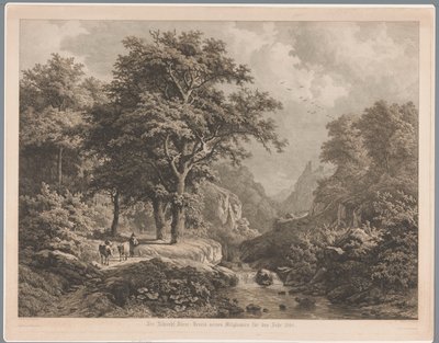 Paesaggio montuoso con cascata al centro, a sinistra un ragazzo con tre mucche e un cane da Joseph Hubert Blees