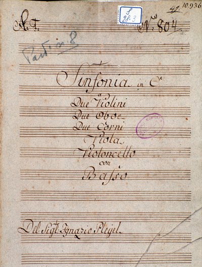 Prima pagina della partitura musicale della Sinfonia in Do di Pleyel da Joseph Ignace Pleyel