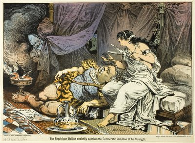 Il repubblicano Dalila furtivamente il democratico Sampson della sua forza, da Puck da Joseph Keppler